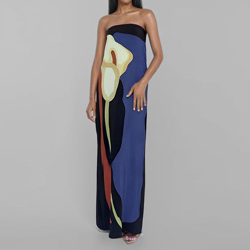 Clothes > Women's Clothing > Dresses Spring dress European and American women's fashionable sleeveless off-shoulder strapless sexy backless printed dress