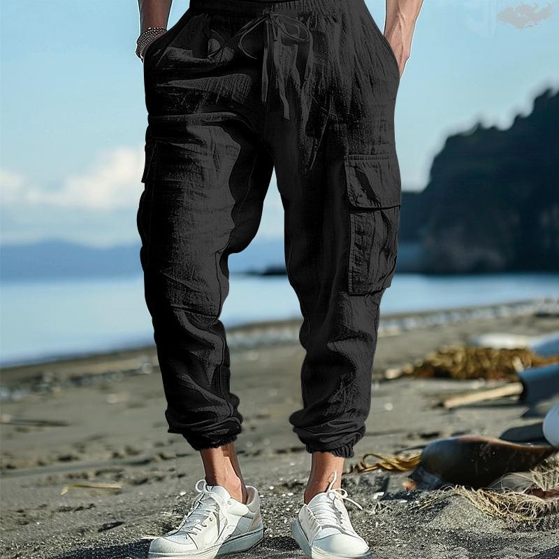 Clothes > Men's Clothing > Bottoms > Pants > Casual Cotton and linen men's casual trousers tying feet multi-pocket tether solid color loose work pants men
