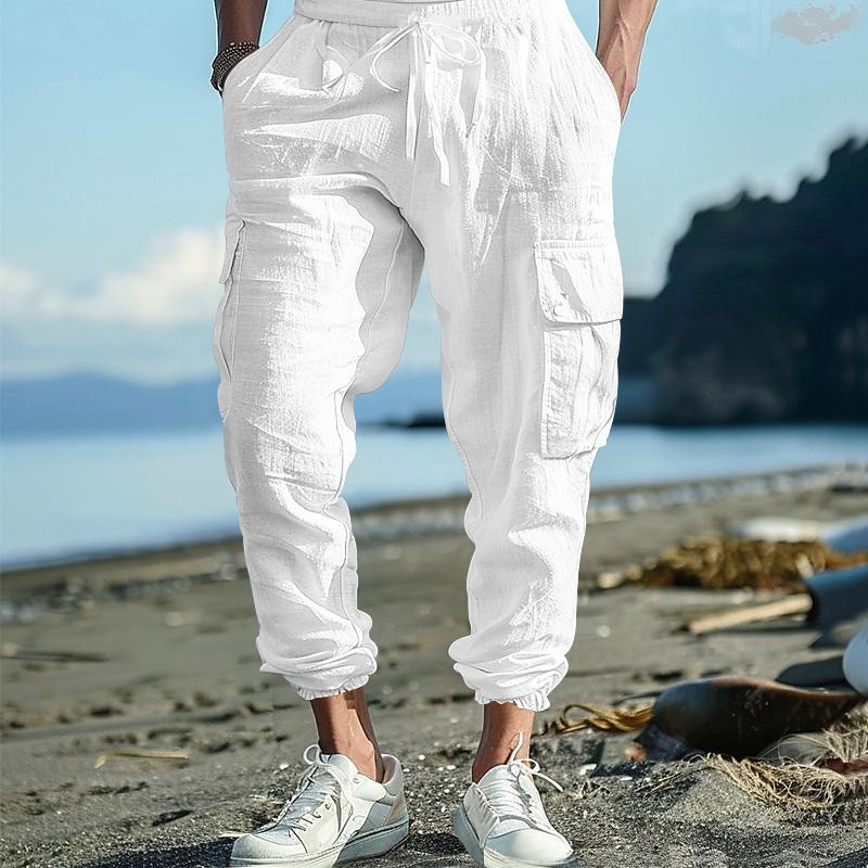 Clothes > Men's Clothing > Bottoms > Pants > Casual Cotton and linen men's casual trousers tying feet multi-pocket tether solid color loose work pants men
