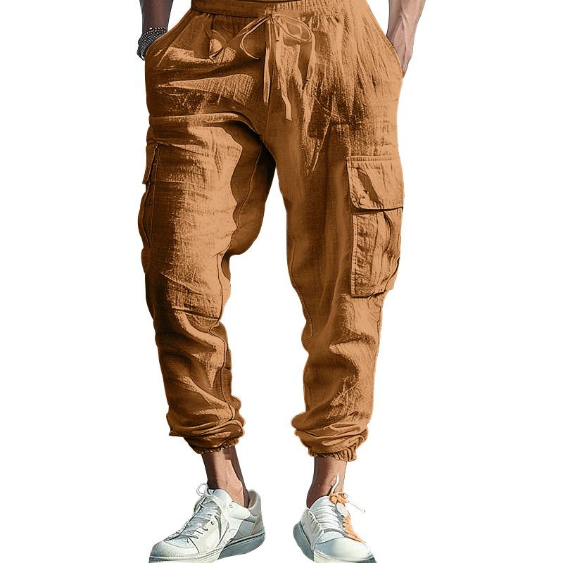 Clothes > Men's Clothing > Bottoms > Pants > Casual Cotton and linen men's casual trousers tying feet multi-pocket tether solid color loose work pants men