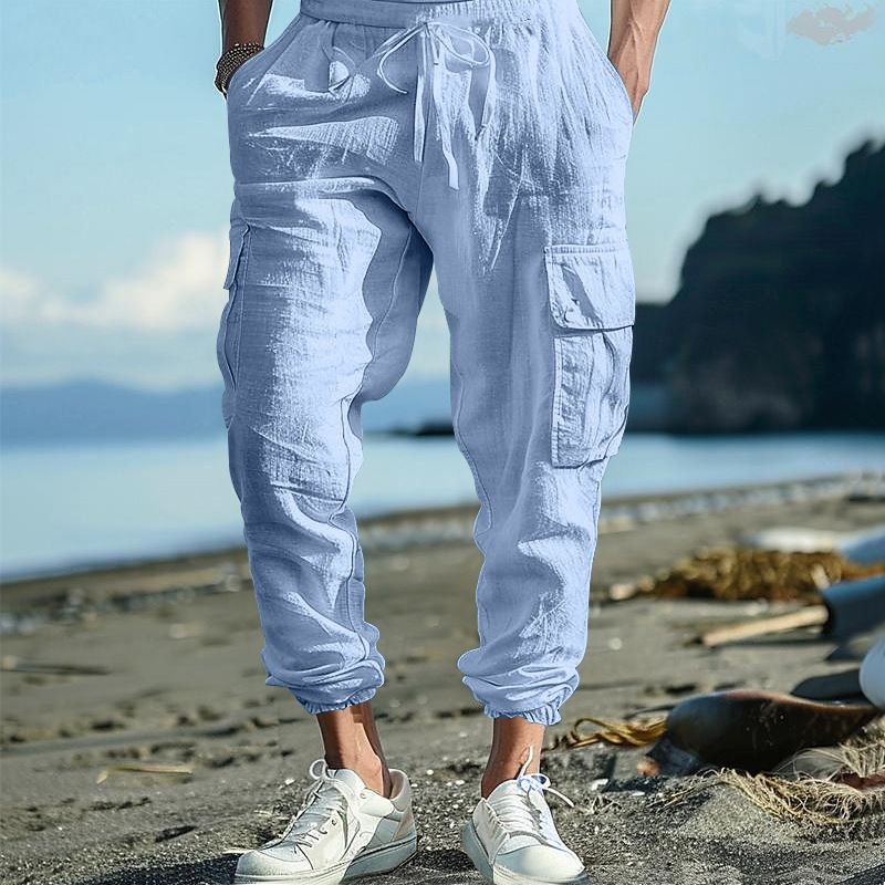 Clothes > Men's Clothing > Bottoms > Pants > Casual Cotton and linen men's casual trousers tying feet multi-pocket tether solid color loose work pants men