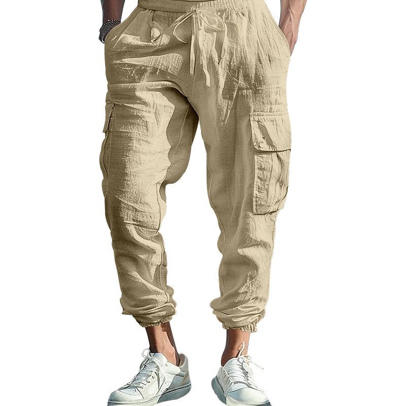 Clothes > Men's Clothing > Bottoms > Pants > Casual Cotton and linen men's casual trousers tying feet multi-pocket tether solid color loose work pants men