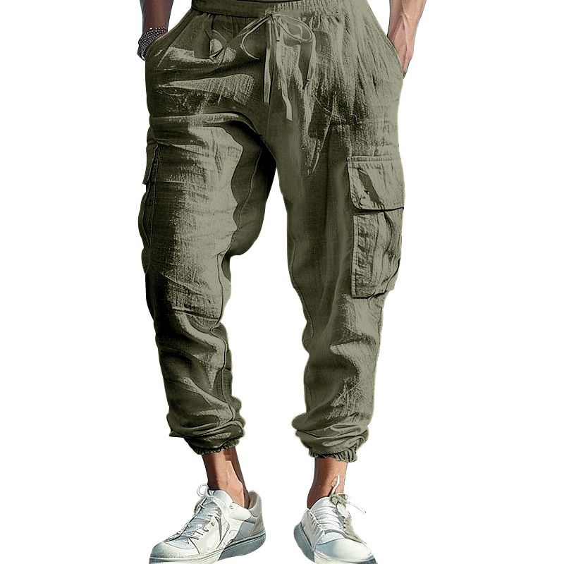 Clothes > Men's Clothing > Bottoms > Pants > Casual Cotton and linen men's casual trousers tying feet multi-pocket tether solid color loose work pants men