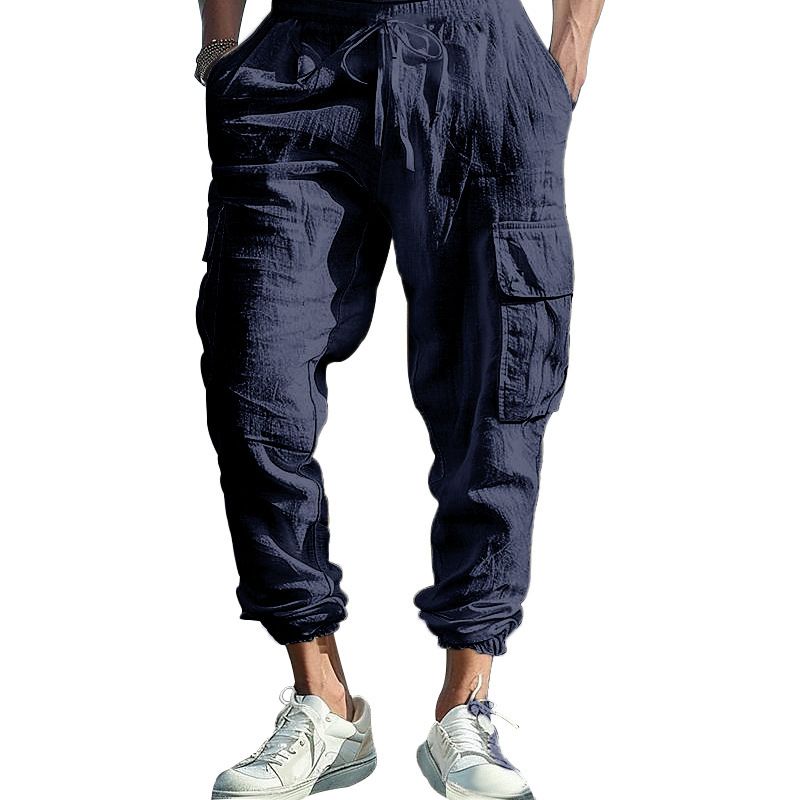 Clothes > Men's Clothing > Bottoms > Pants > Casual Cotton and linen men's casual trousers tying feet multi-pocket tether solid color loose work pants men