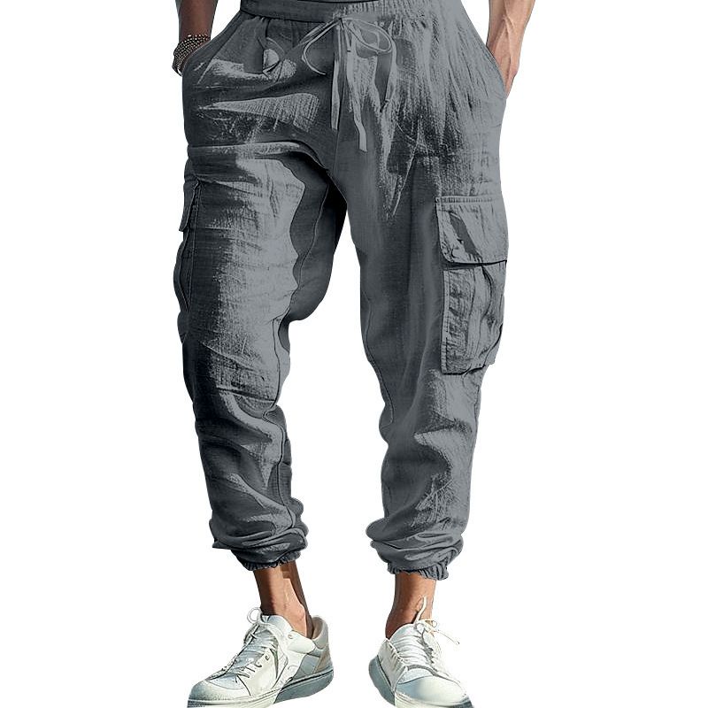 Clothes > Men's Clothing > Bottoms > Pants > Casual Cotton and linen men's casual trousers tying feet multi-pocket tether solid color loose work pants men