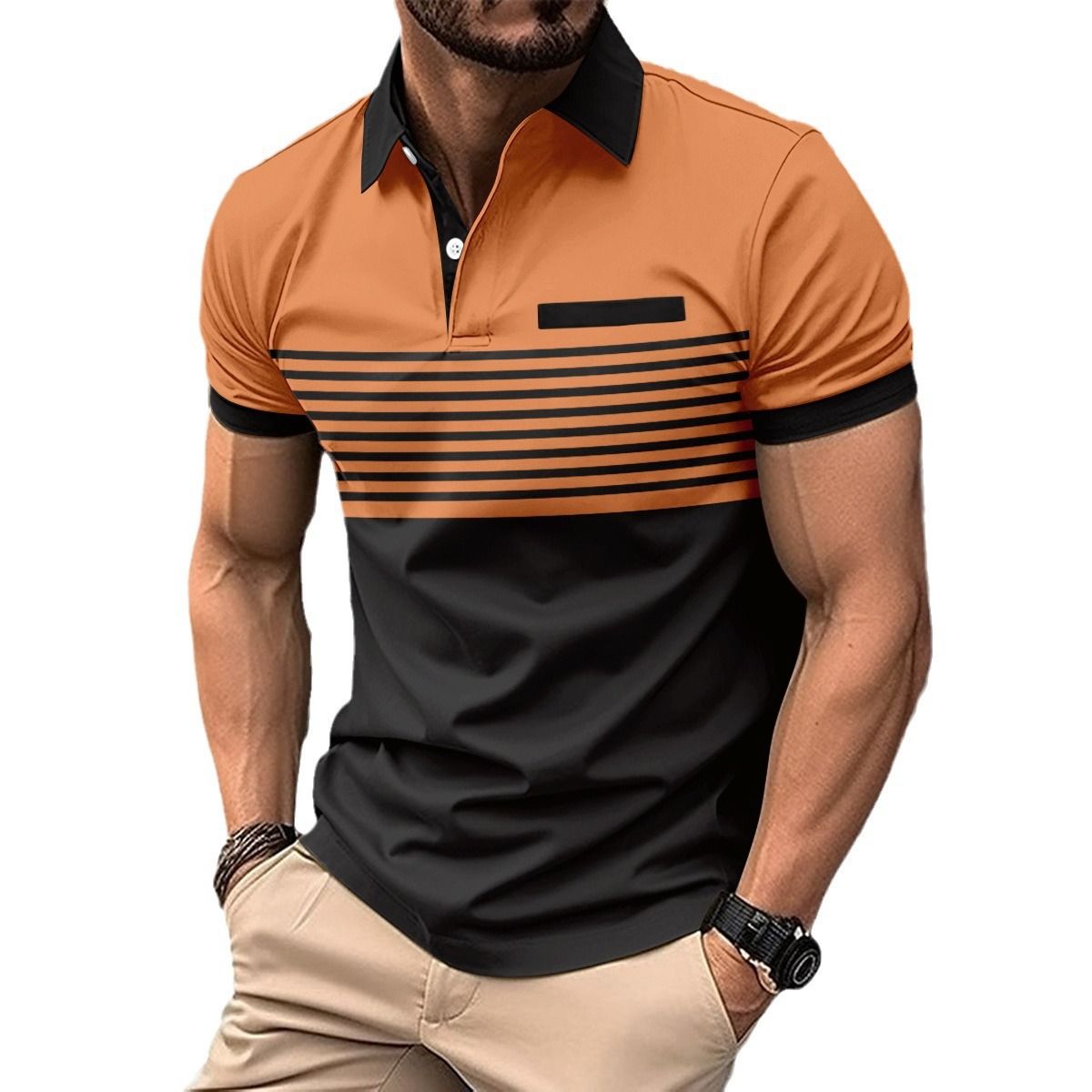 Clothes > Men's Clothing > Tops > T-Shirts  New men's casual POLO shirt with fake pocket button printed color-blocking striped T-shirt for men