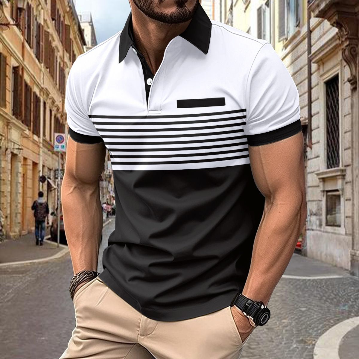 Clothes > Men's Clothing > Tops > T-Shirts  New men's casual POLO shirt with fake pocket button printed color-blocking striped T-shirt for men