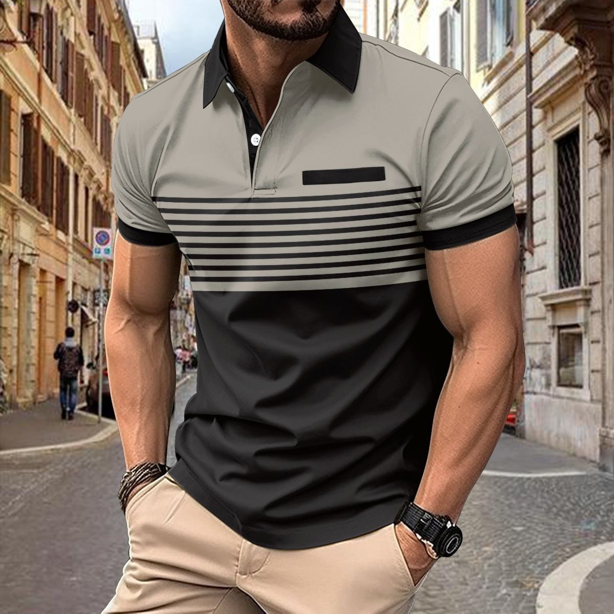 Clothes > Men's Clothing > Tops > T-Shirts  New men's casual POLO shirt with fake pocket button printed color-blocking striped T-shirt for men