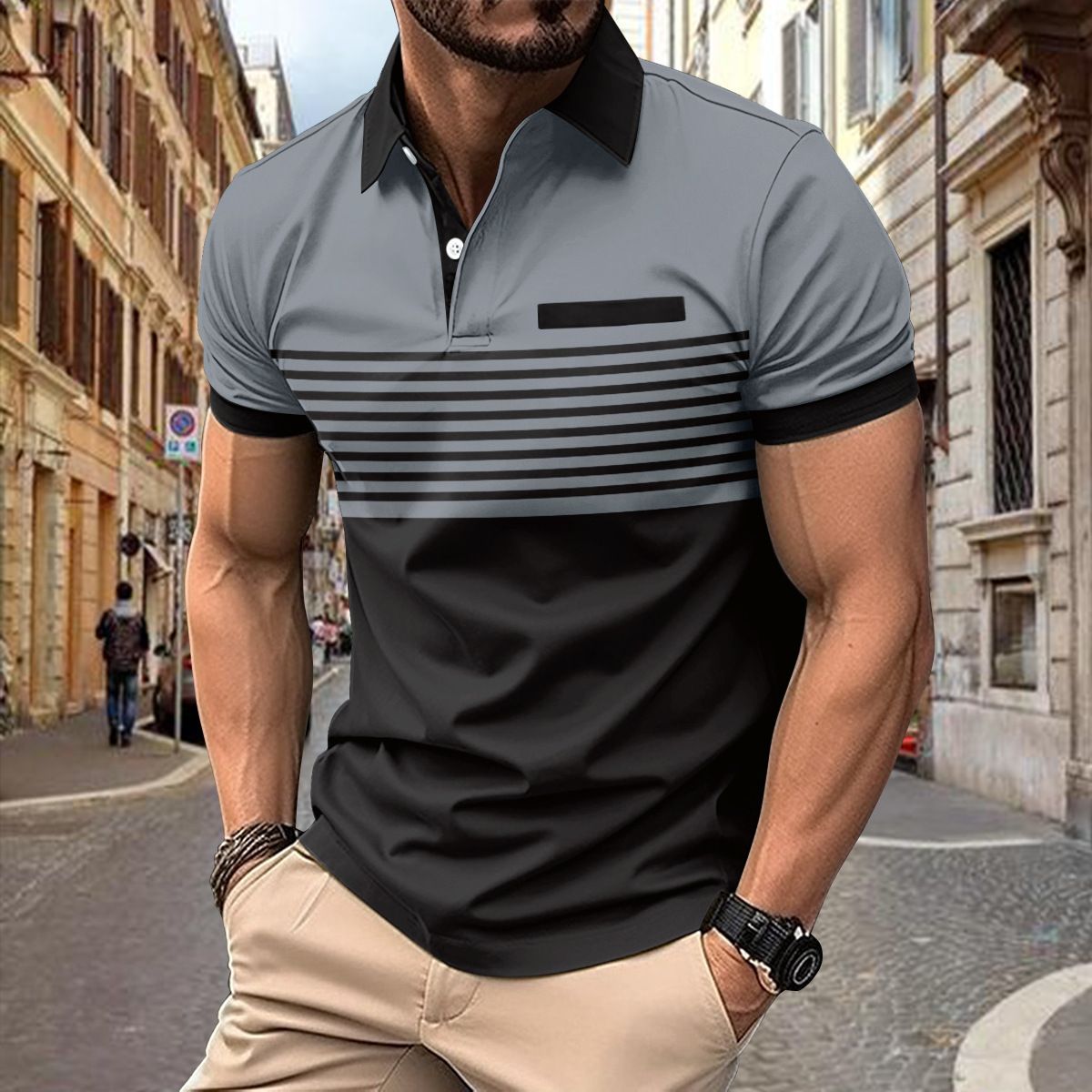 Clothes > Men's Clothing > Tops > T-Shirts  New men's casual POLO shirt with fake pocket button printed color-blocking striped T-shirt for men