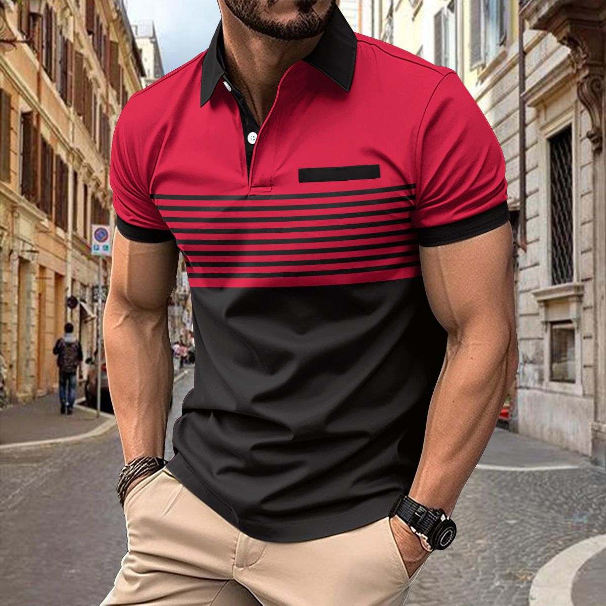Clothes > Men's Clothing > Tops > T-Shirts  New men's casual POLO shirt with fake pocket button printed color-blocking striped T-shirt for men