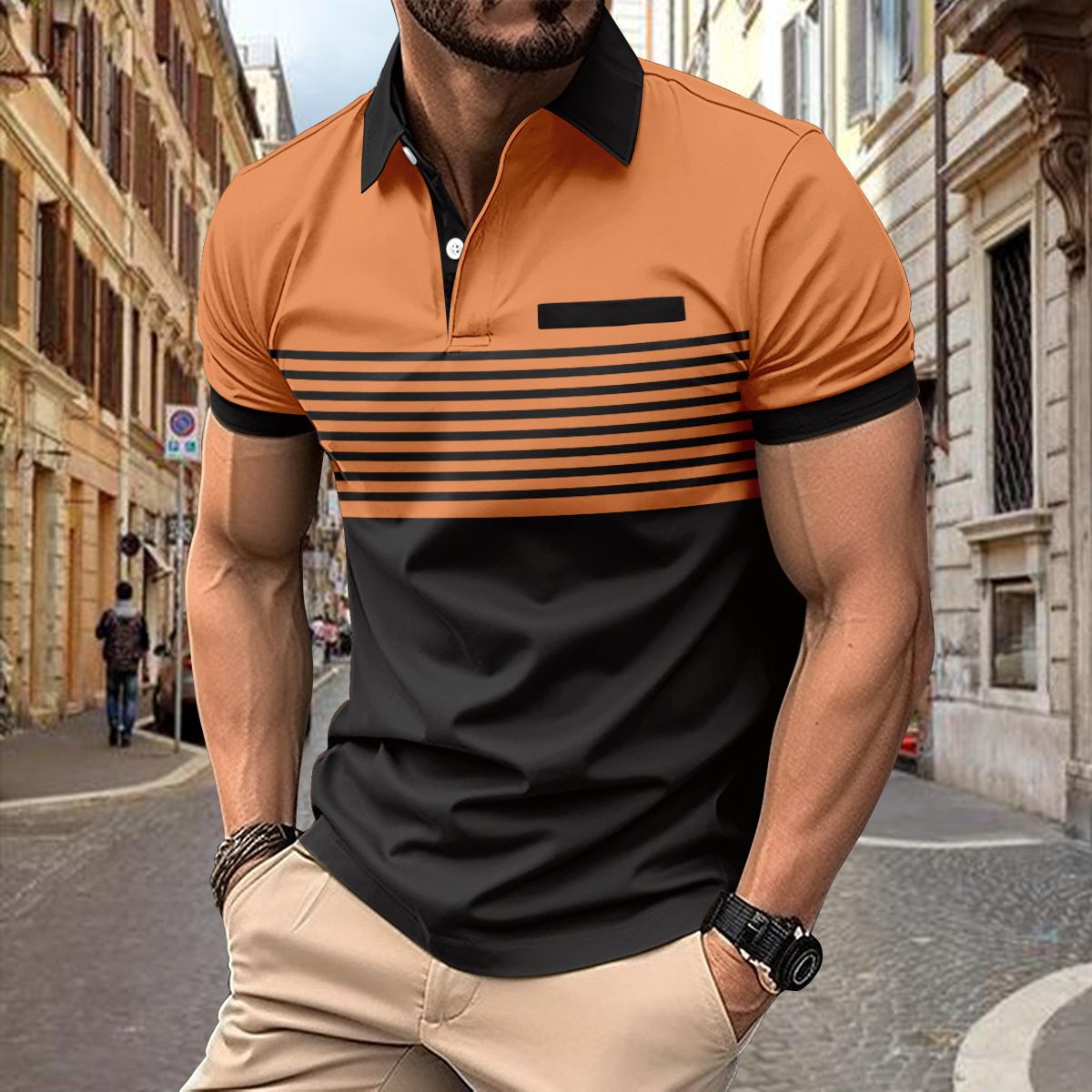 Clothes > Men's Clothing > Tops > T-Shirts  New men's casual POLO shirt with fake pocket button printed color-blocking striped T-shirt for men