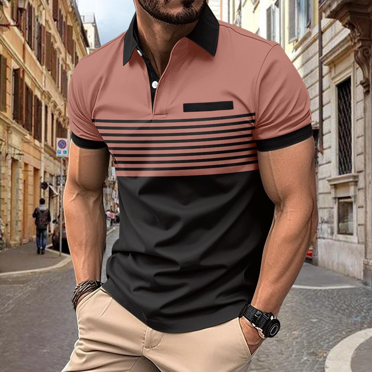 Clothes > Men's Clothing > Tops > T-Shirts  New men's casual POLO shirt with fake pocket button printed color-blocking striped T-shirt for men