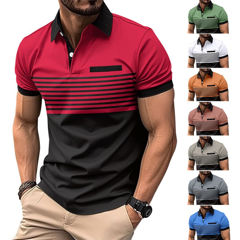 Clothes > Men's Clothing > Tops > T-Shirts  New men's casual POLO shirt with fake pocket button printed color-blocking striped T-shirt for men