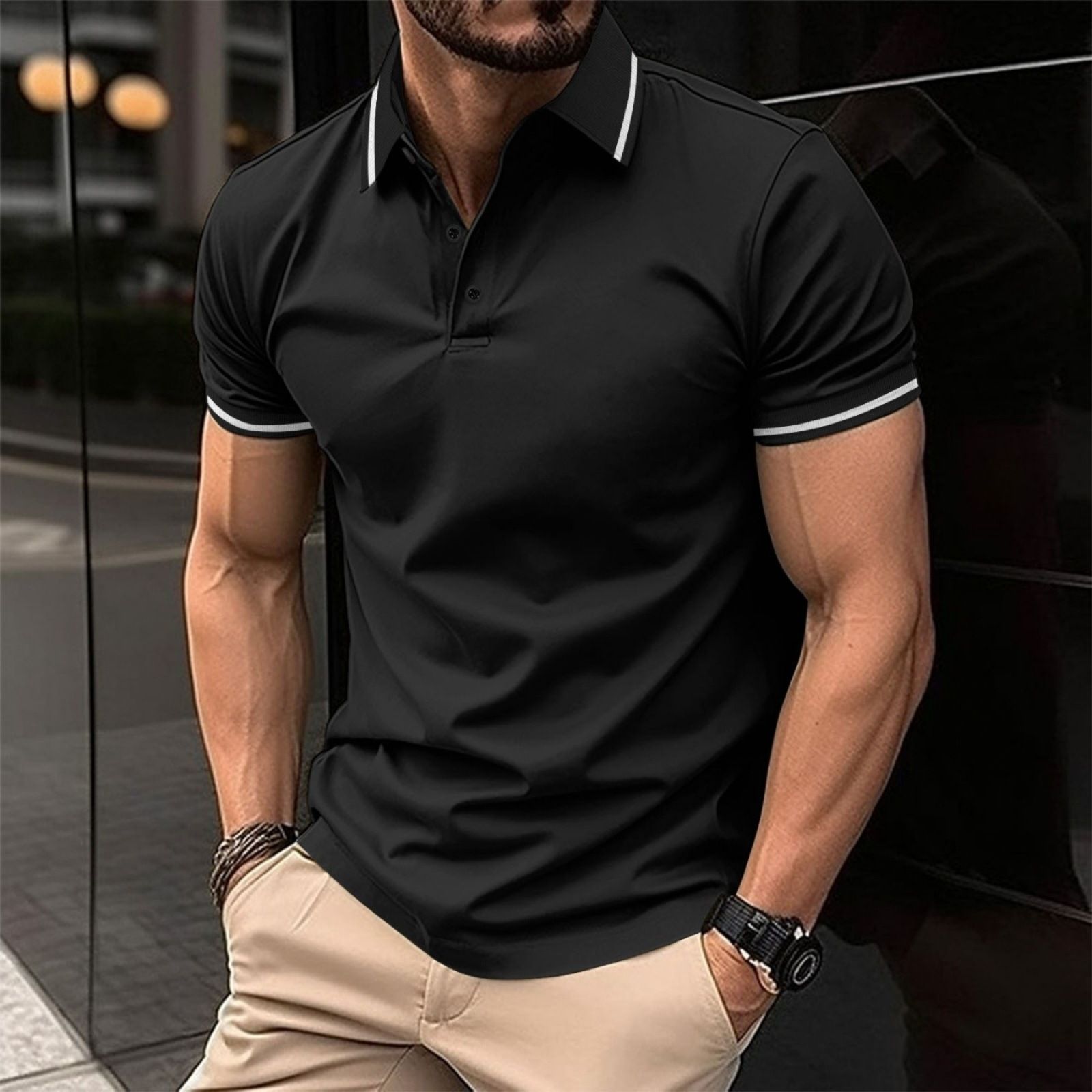 Clothes > Men's Clothing > Tops > T-Shirts  European and American ins cross summer T-shirt men's button ribbed collar sports polo shirt