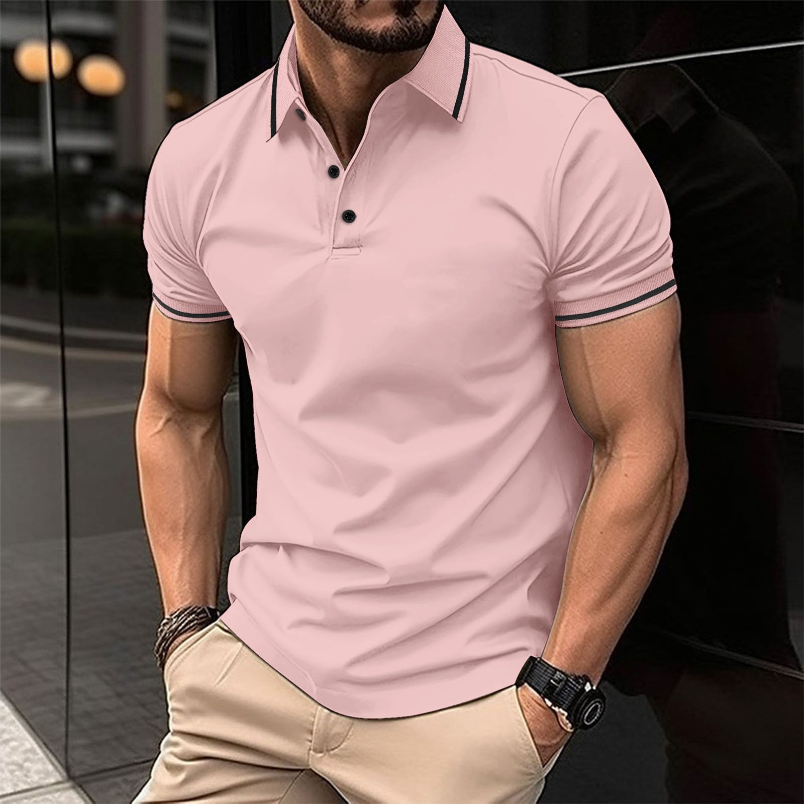 Clothes > Men's Clothing > Tops > T-Shirts  European and American ins cross summer T-shirt men's button ribbed collar sports polo shirt