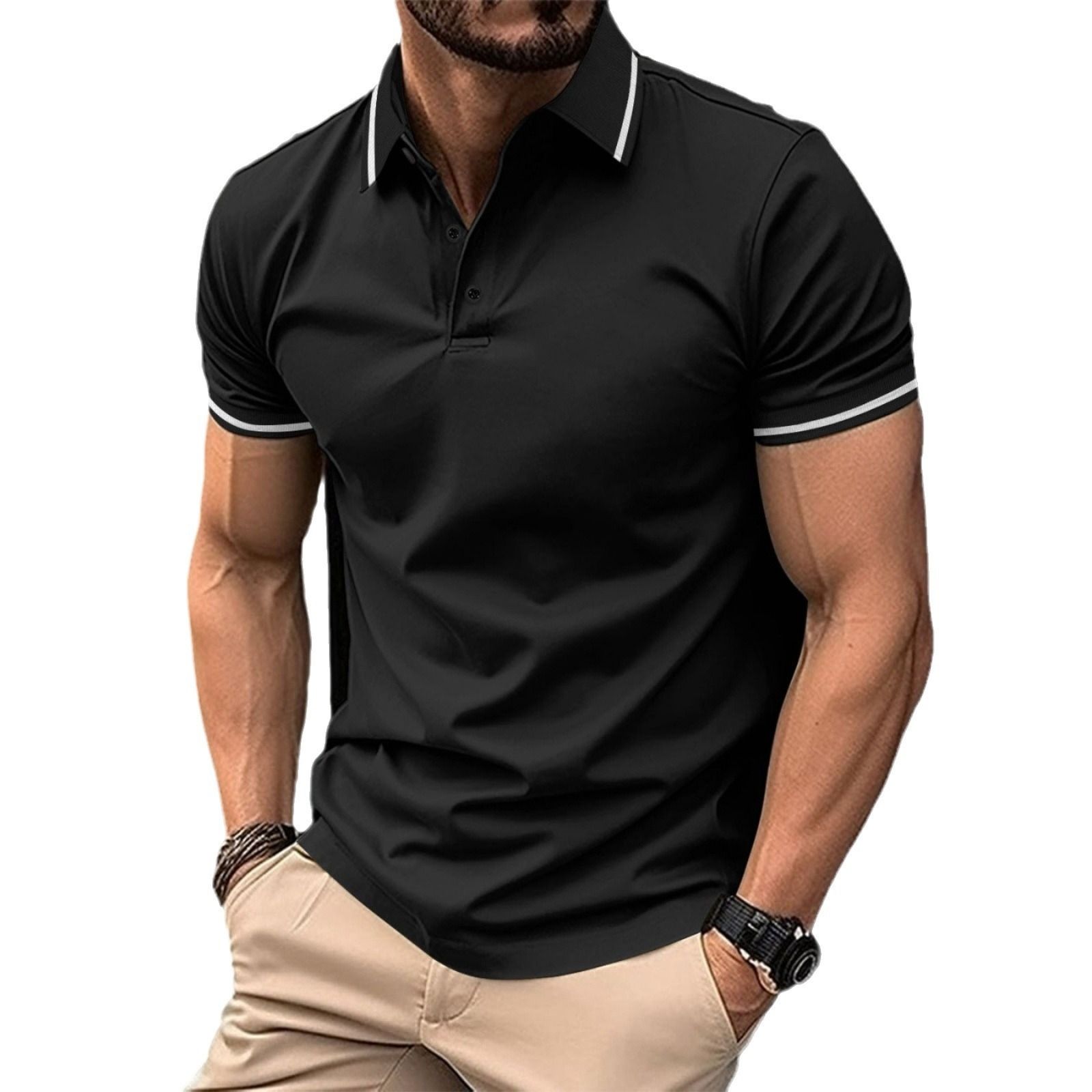 Clothes > Men's Clothing > Tops > T-Shirts  European and American ins cross summer T-shirt men's button ribbed collar sports polo shirt