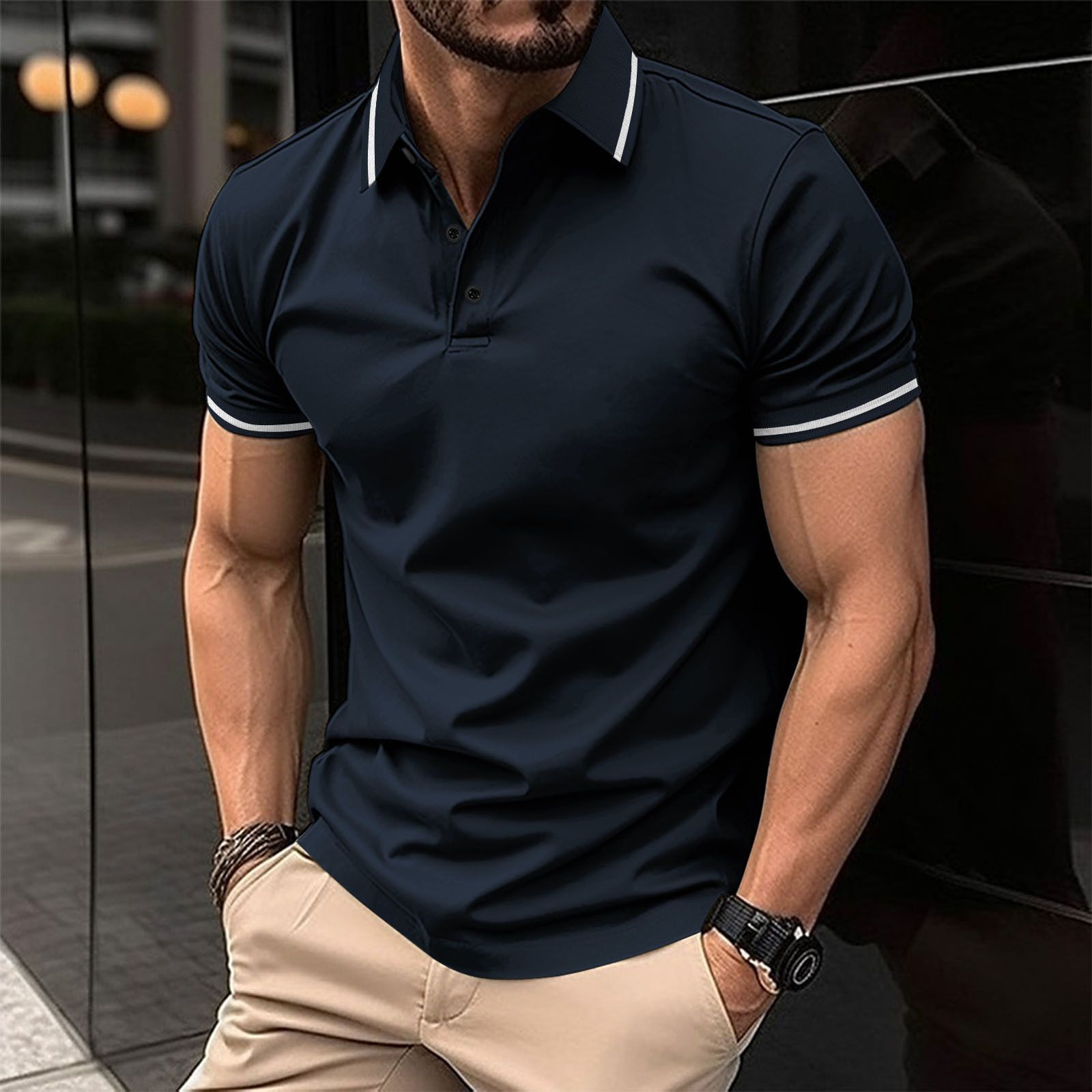 Clothes > Men's Clothing > Tops > T-Shirts  European and American ins cross summer T-shirt men's button ribbed collar sports polo shirt