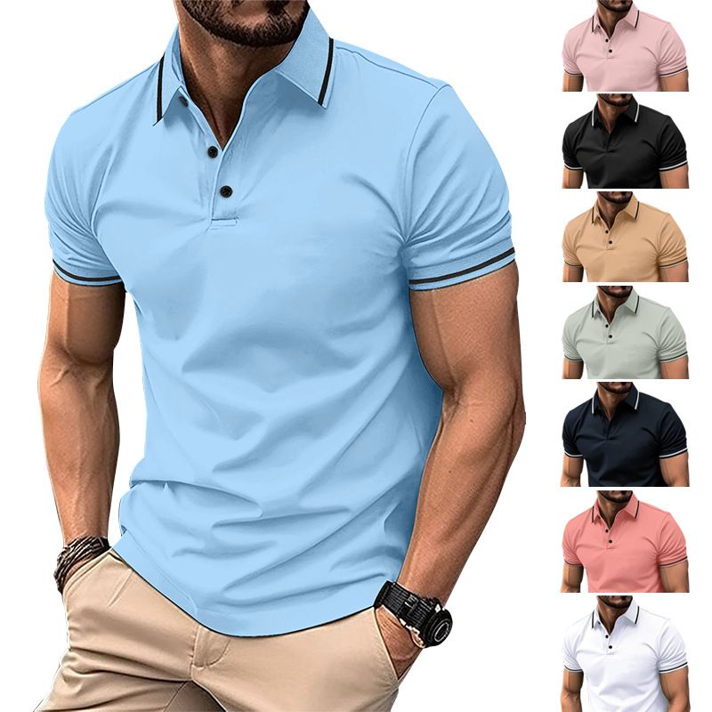 Clothes > Men's Clothing > Tops > T-Shirts  European and American ins cross summer T-shirt men's button ribbed collar sports polo shirt