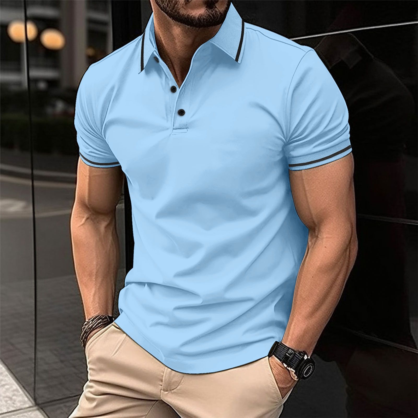 Clothes > Men's Clothing > Tops > T-Shirts  European and American ins cross summer T-shirt men's button ribbed collar sports polo shirt