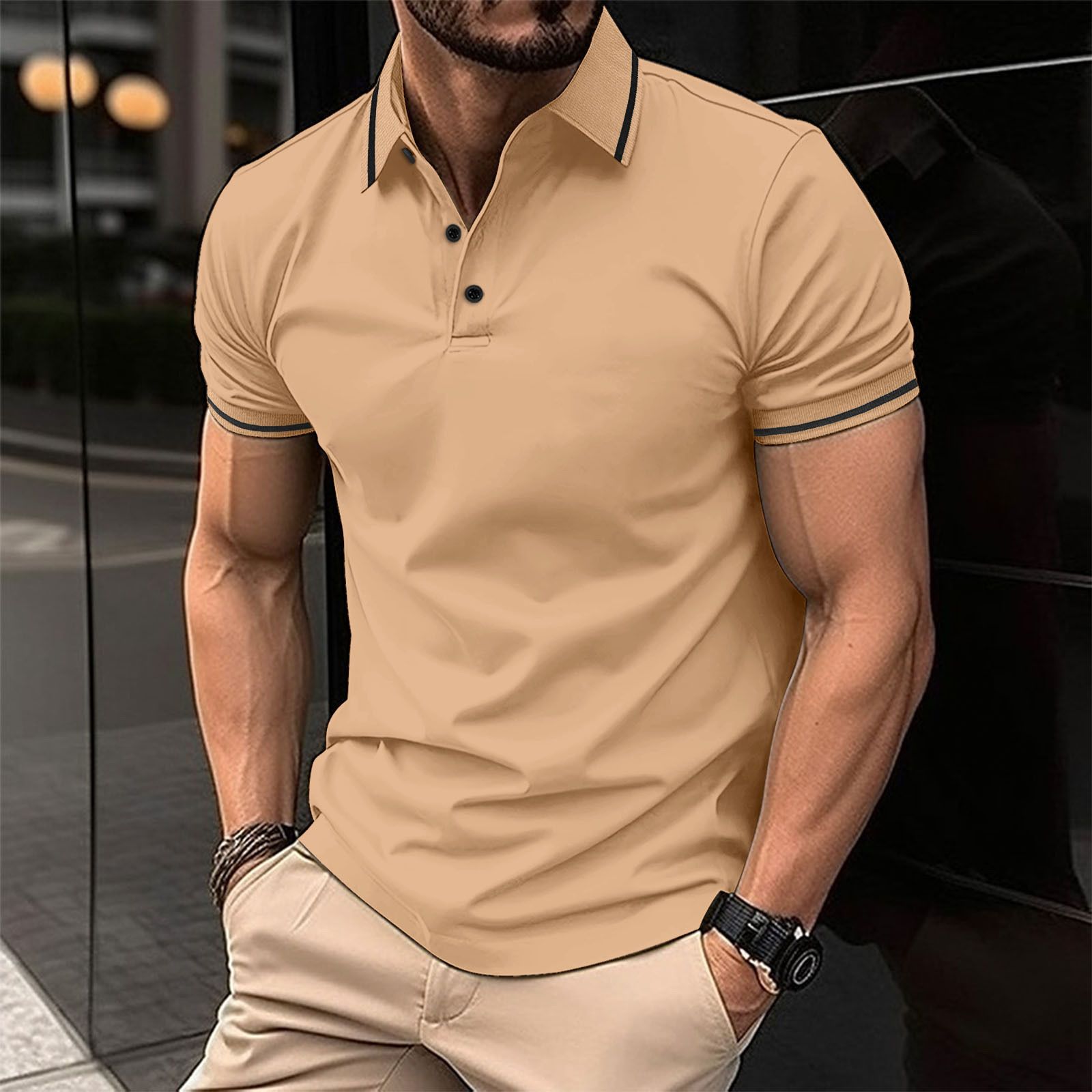 Clothes > Men's Clothing > Tops > T-Shirts  European and American ins cross summer T-shirt men's button ribbed collar sports polo shirt