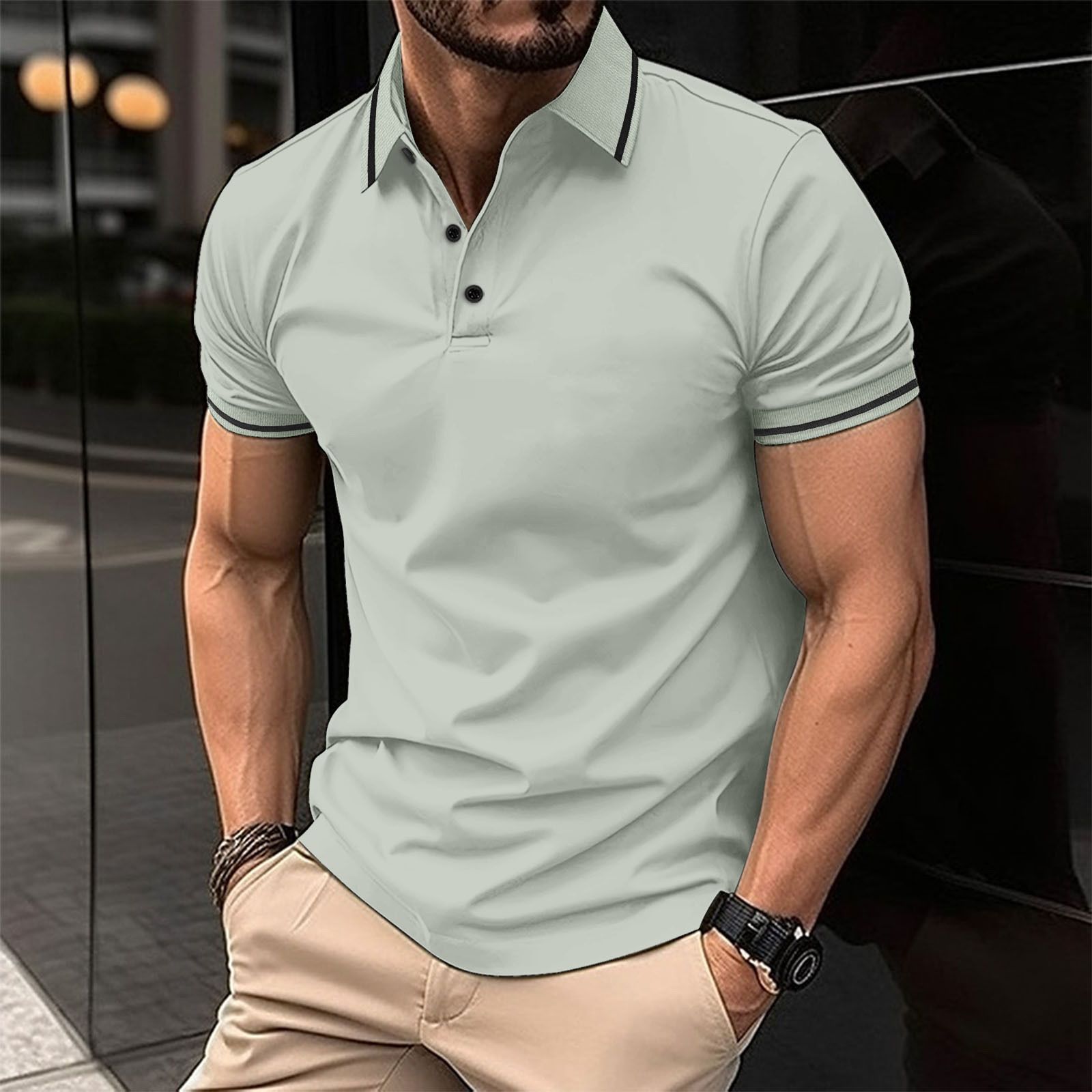 Clothes > Men's Clothing > Tops > T-Shirts  European and American ins cross summer T-shirt men's button ribbed collar sports polo shirt