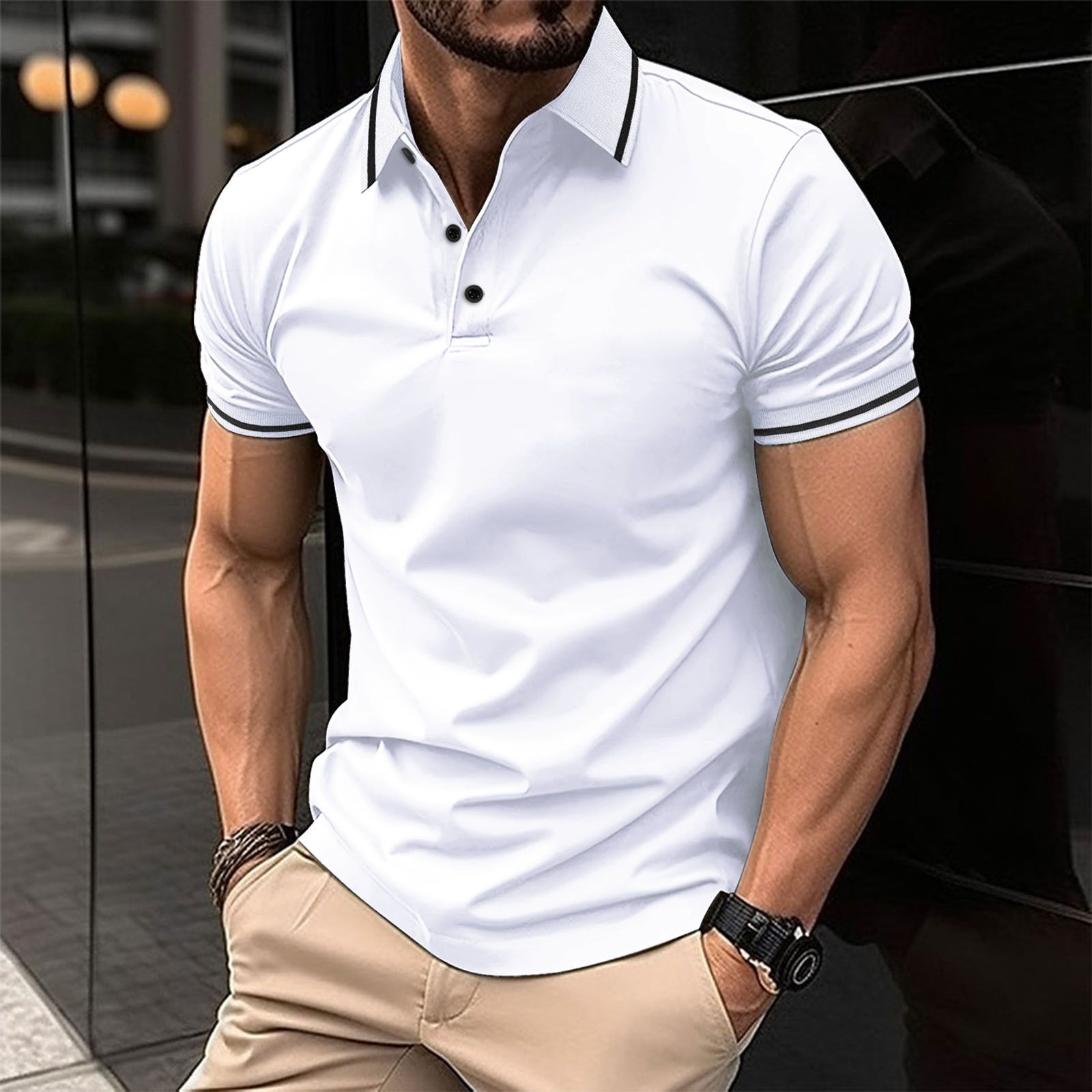 Clothes > Men's Clothing > Tops > T-Shirts  European and American ins cross summer T-shirt men's button ribbed collar sports polo shirt