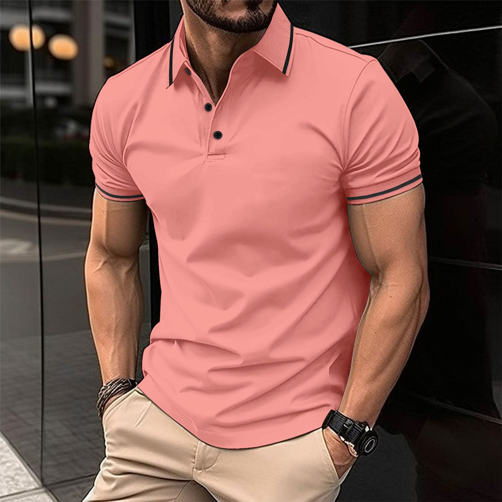 Clothes > Men's Clothing > Tops > T-Shirts  European and American ins cross summer T-shirt men's button ribbed collar sports polo shirt
