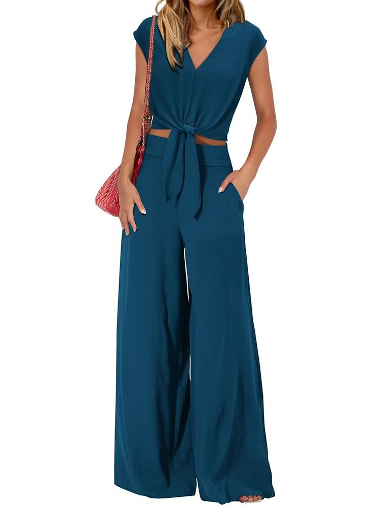 Clothes > Women's Clothing > Clothing Sets > Two-Piece Outfits European and American women's new summer V-neck lace-up wide-leg pants casual and fashionable suit