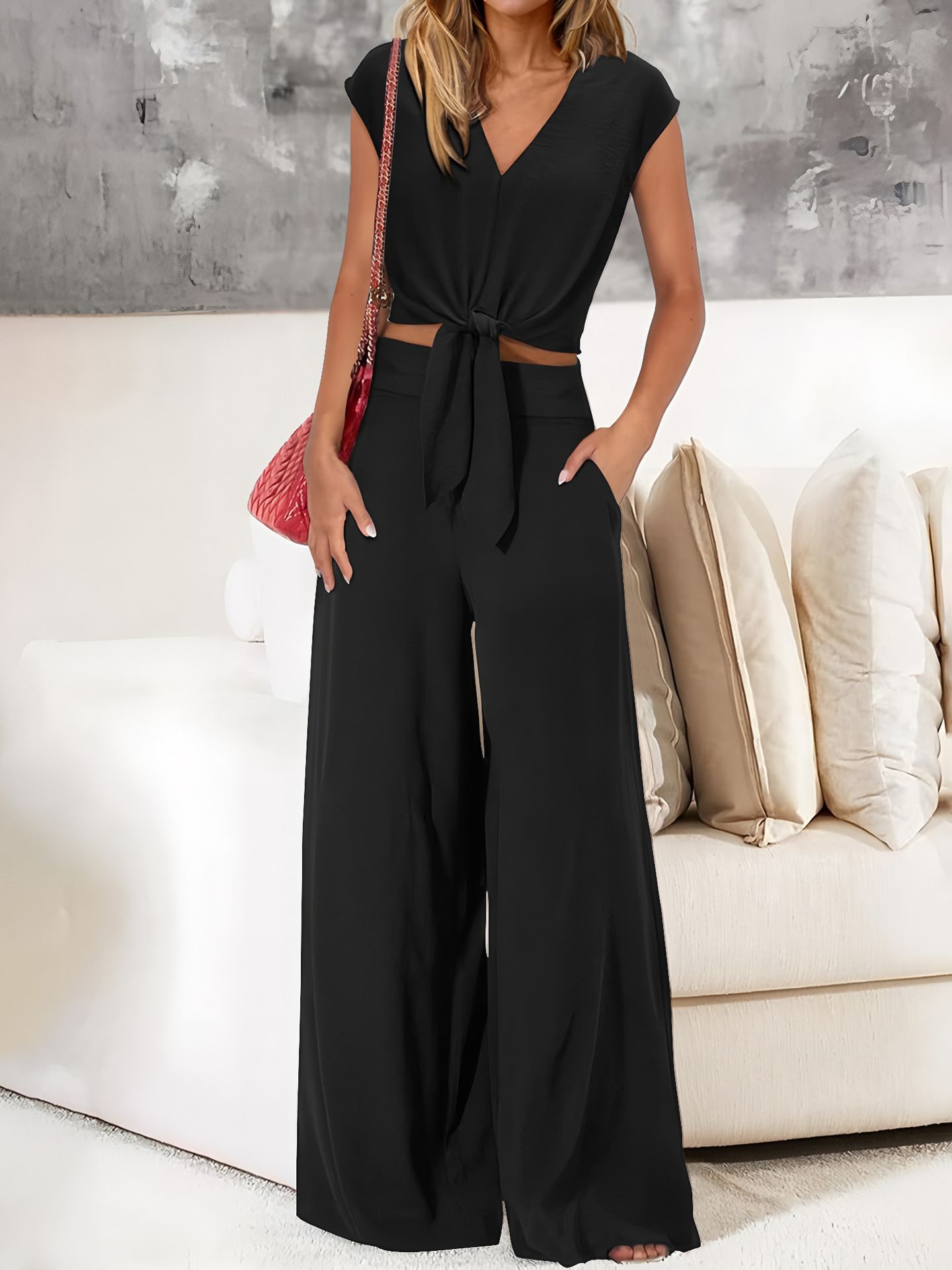 Clothes > Women's Clothing > Clothing Sets > Two-Piece Outfits European and American women's new summer V-neck lace-up wide-leg pants casual and fashionable suit