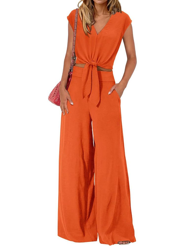 Clothes > Women's Clothing > Clothing Sets > Two-Piece Outfits European and American women's new summer V-neck lace-up wide-leg pants casual and fashionable suit