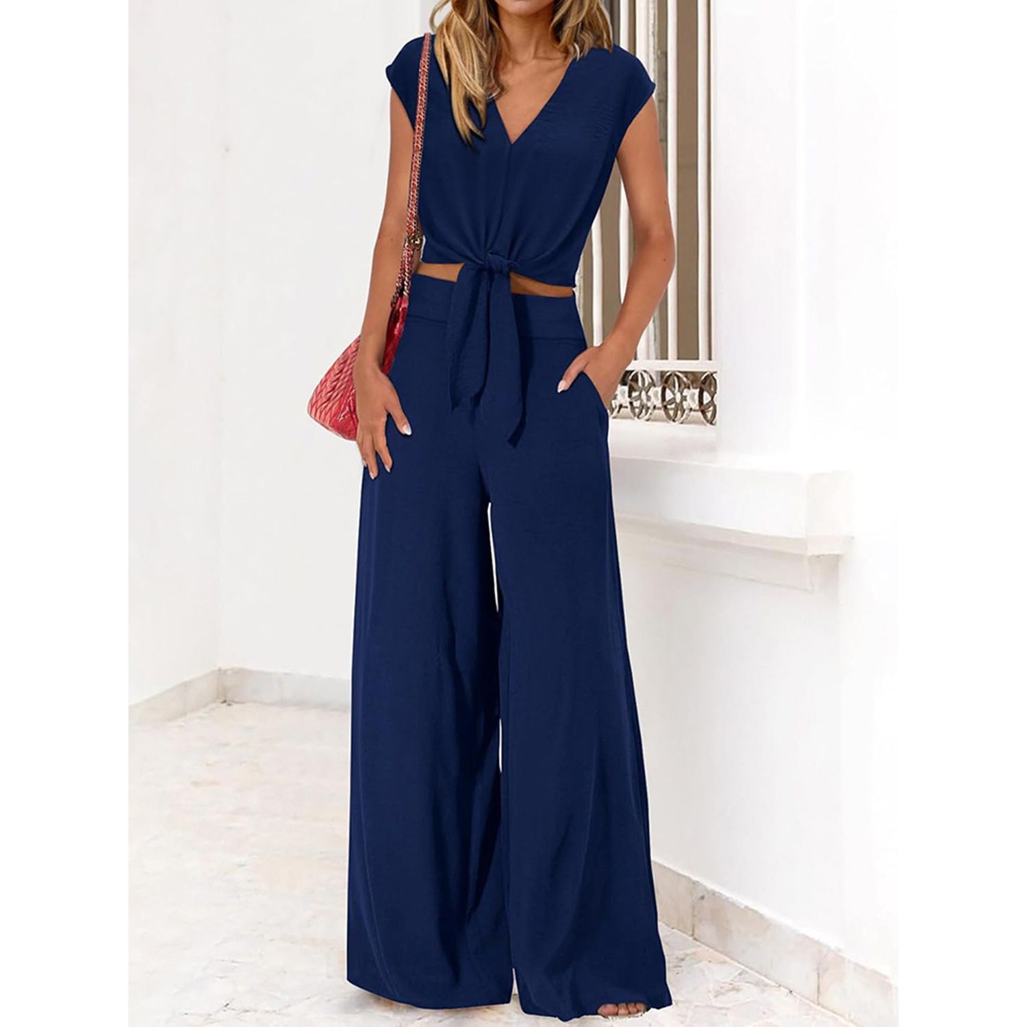 Clothes > Women's Clothing > Clothing Sets > Two-Piece Outfits European and American women's new summer V-neck lace-up wide-leg pants casual and fashionable suit