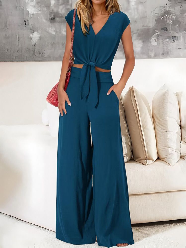 Clothes > Women's Clothing > Clothing Sets > Two-Piece Outfits European and American women's new summer V-neck lace-up wide-leg pants casual and fashionable suit