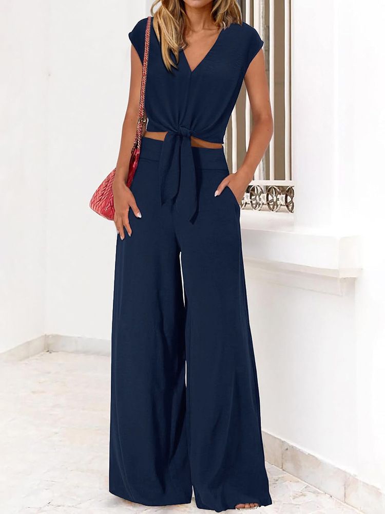 Clothes > Women's Clothing > Clothing Sets > Two-Piece Outfits European and American women's new summer V-neck lace-up wide-leg pants casual and fashionable suit
