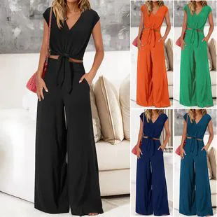 Clothes > Women's Clothing > Clothing Sets > Two-Piece Outfits European and American women's new summer V-neck lace-up wide-leg pants casual and fashionable suit