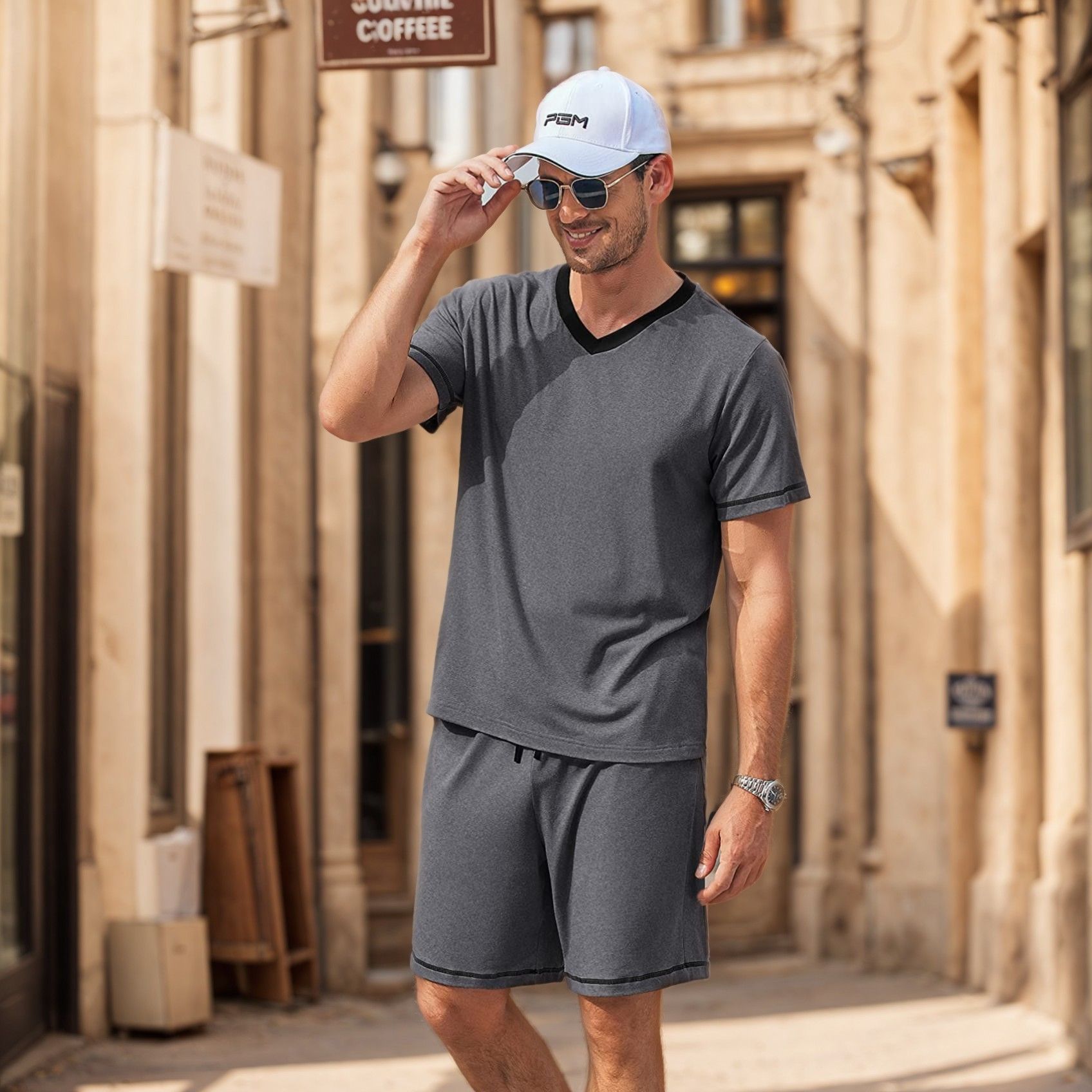 Clothes > Men's Clothing > Clothing Sets > Two-Piece Outfits  Summer European and American men's casual suits, shorts, two-piece sets of contrasting colors, sports and casual men's clothing