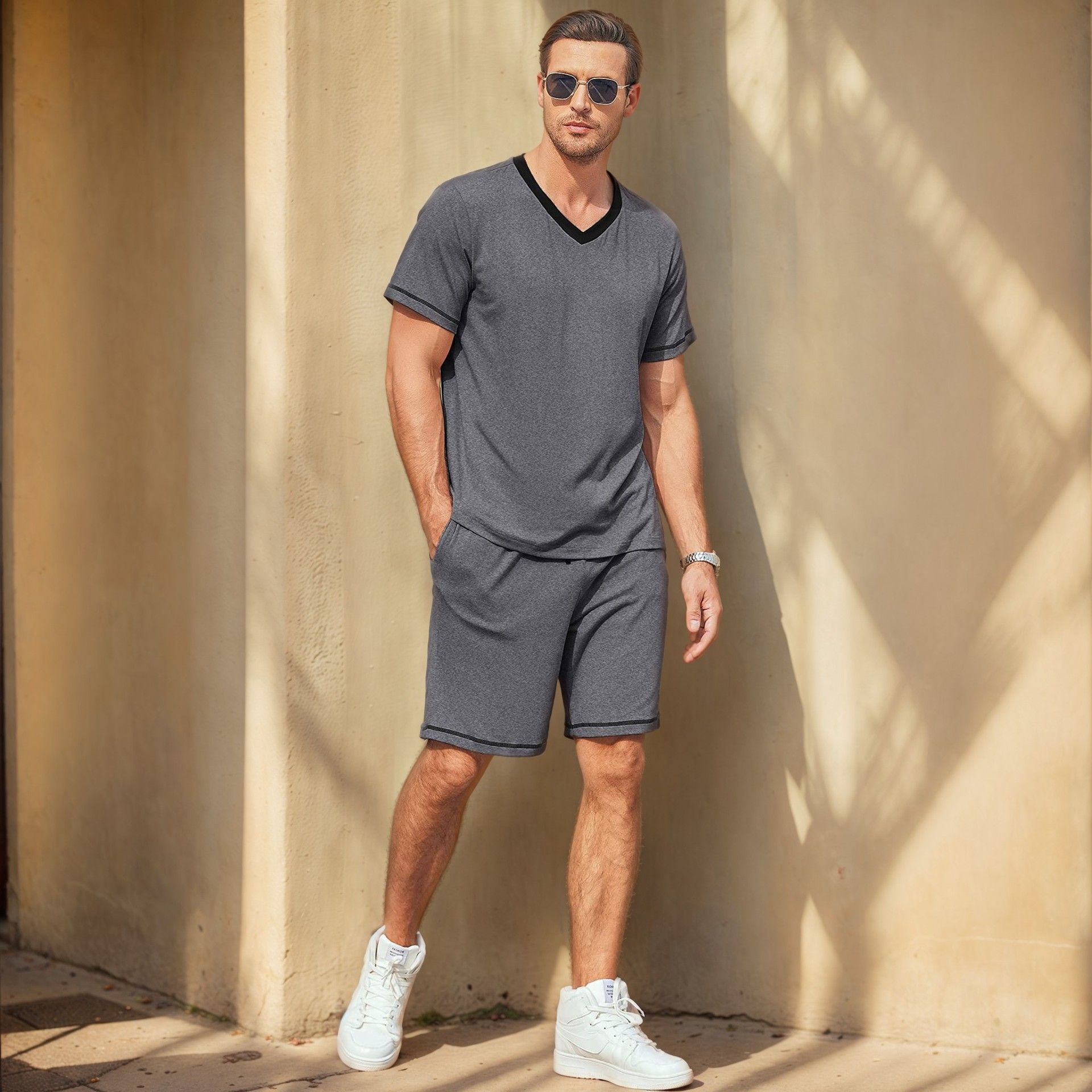 Clothes > Men's Clothing > Clothing Sets > Two-Piece Outfits  Summer European and American men's casual suits, shorts, two-piece sets of contrasting colors, sports and casual men's clothing
