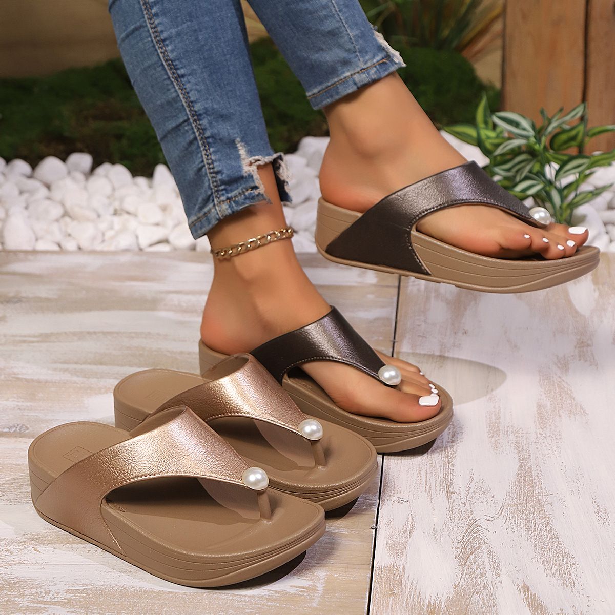 Shoes > Women's Shoes > Slippers > Flip-Flops New beach shoes and slippers for women in summer fashion wear on the outside of the beach thick-soled heel clipped sandals pearl flip flops