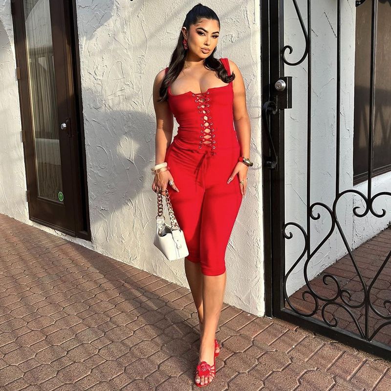 Clothes > Women's Clothing > Clothing Sets > Two-Piece Outfits Women's summer new hot girl's breast straps and small vest slim solid color shorts set