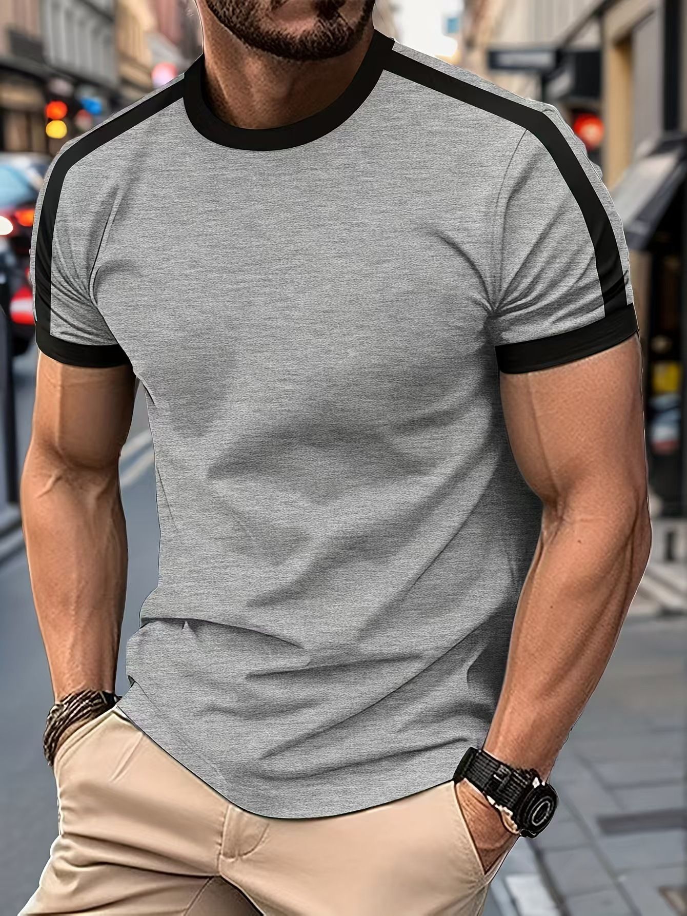 Clothes > Men's Clothing > Tops > T-Shirts Summer new men's short-sleeved T-shirt European and American sports and fitness contrasting color men's T-shirt