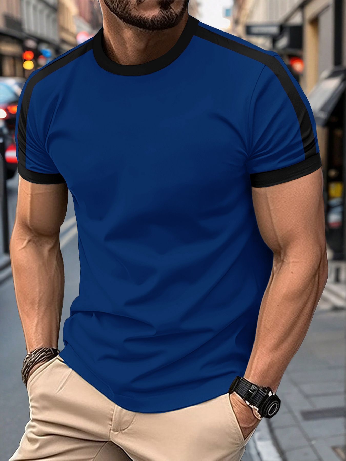 Clothes > Men's Clothing > Tops > T-Shirts Summer new men's short-sleeved T-shirt European and American sports and fitness contrasting color men's T-shirt