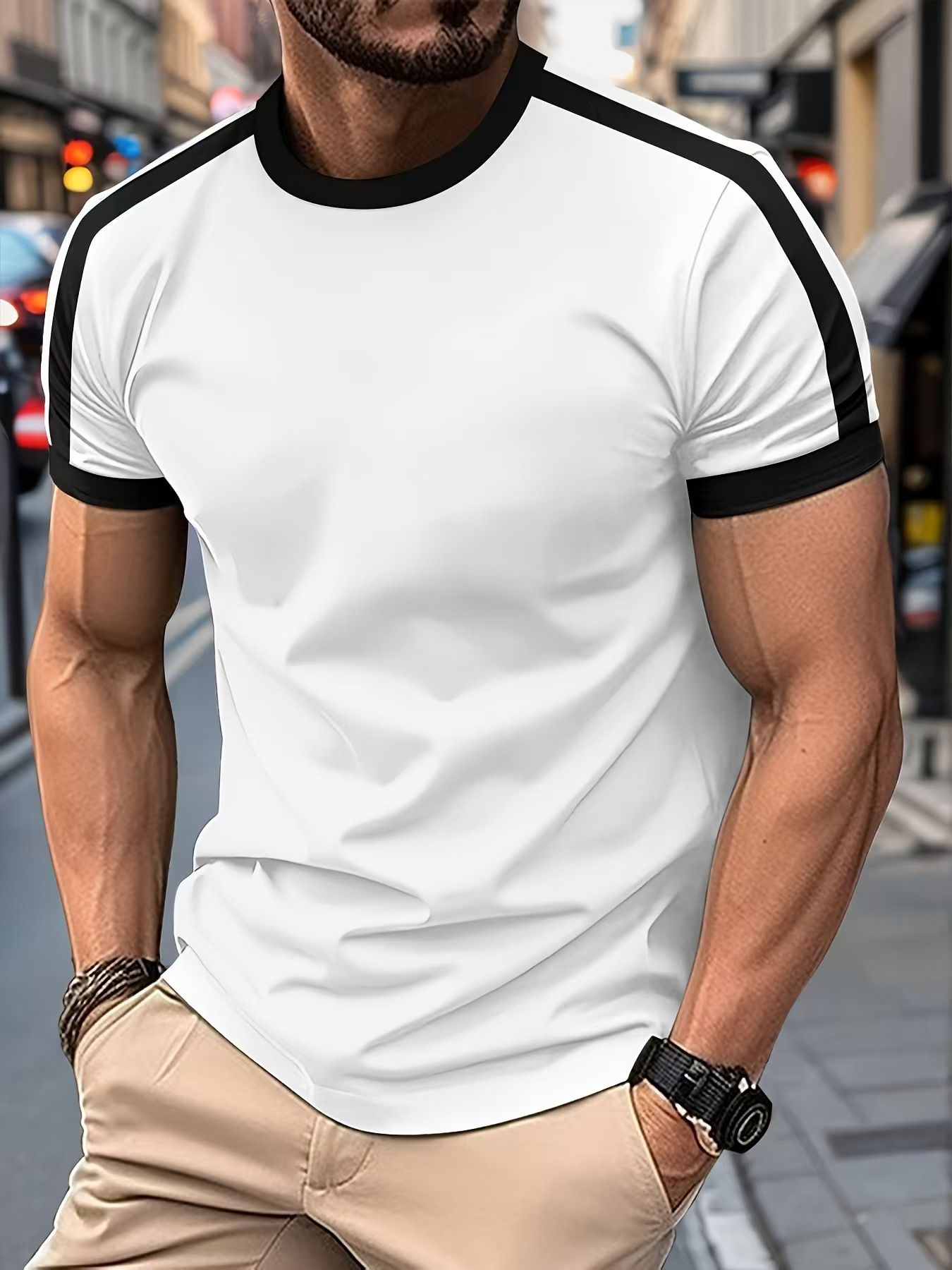 Clothes > Men's Clothing > Tops > T-Shirts Summer new men's short-sleeved T-shirt European and American sports and fitness contrasting color men's T-shirt