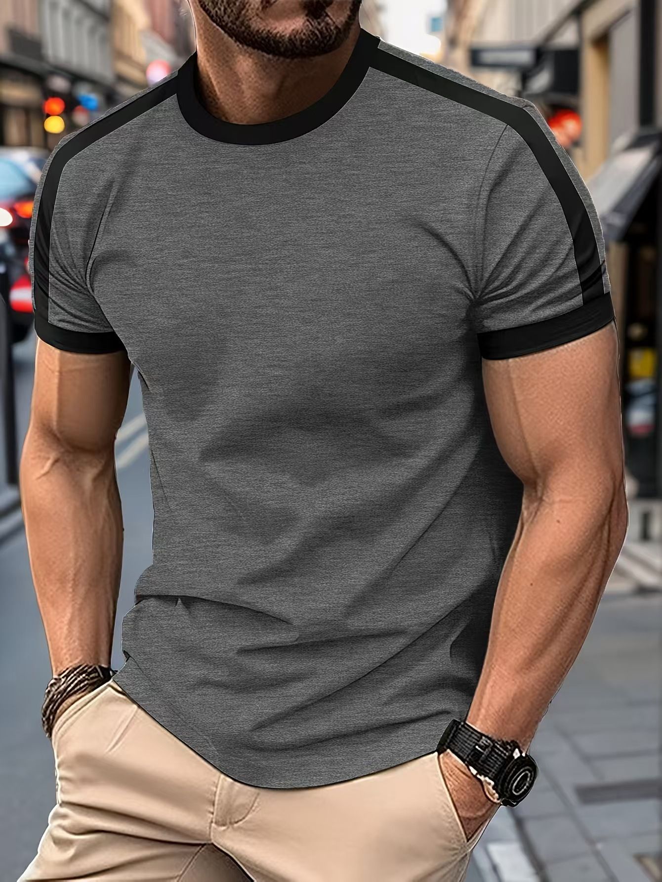 Clothes > Men's Clothing > Tops > T-Shirts Summer new men's short-sleeved T-shirt European and American sports and fitness contrasting color men's T-shirt