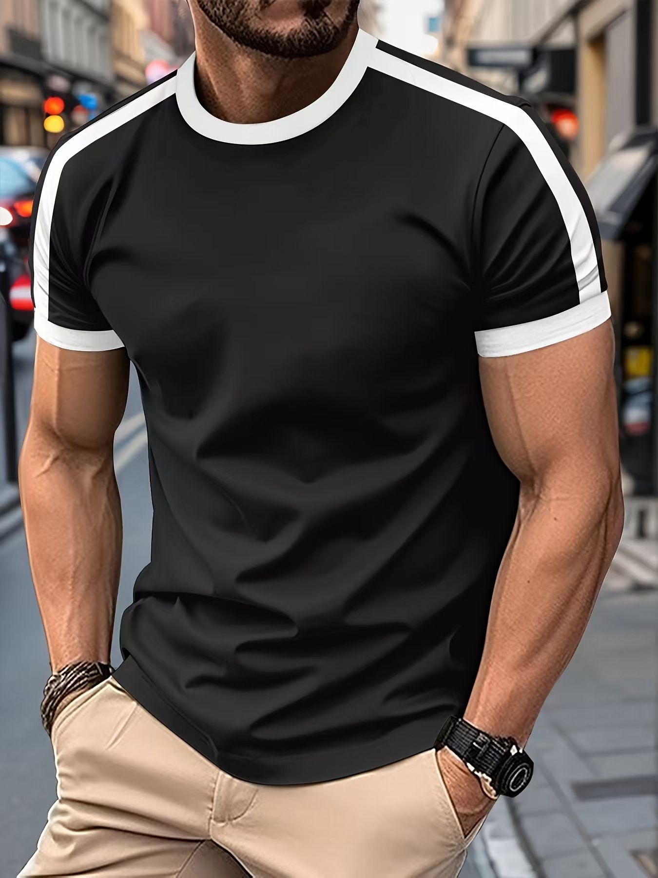 Clothes > Men's Clothing > Tops > T-Shirts Summer new men's short-sleeved T-shirt European and American sports and fitness contrasting color men's T-shirt