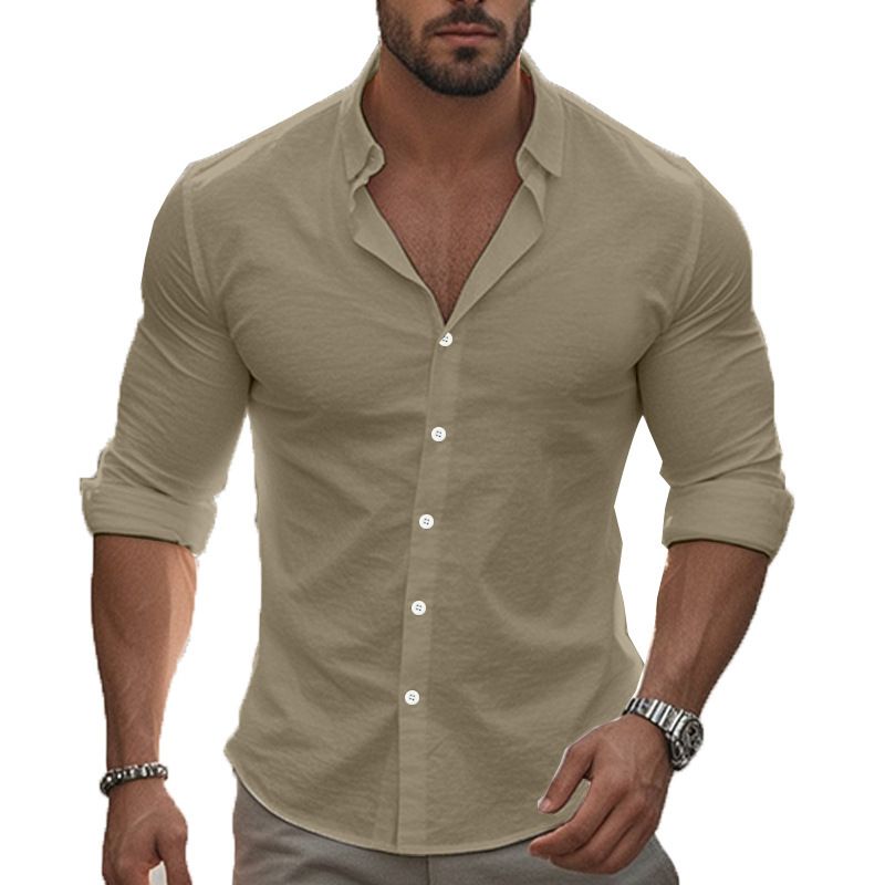 Clothes > Men's Clothing > Tops > Shirts  New casual solid color long-sleeved shirt cotton lapel buttoned long-sleeved beach shirt top for men