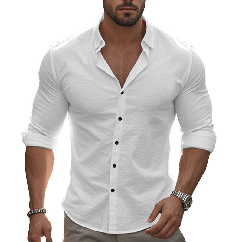 Clothes > Men's Clothing > Tops > Shirts  New casual solid color long-sleeved shirt cotton lapel buttoned long-sleeved beach shirt top for men