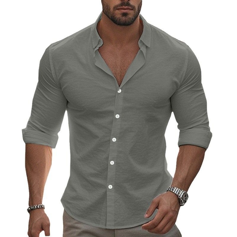 Clothes > Men's Clothing > Tops > Shirts  New casual solid color long-sleeved shirt cotton lapel buttoned long-sleeved beach shirt top for men