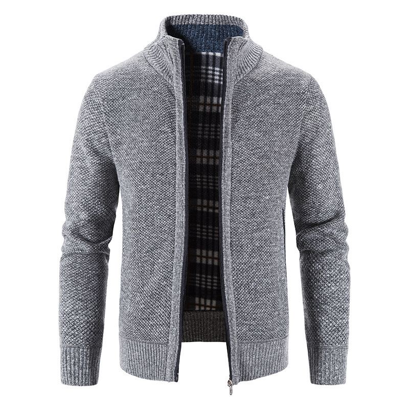 Clothes > Men's Clothing > Tops > Jackets & Coats Knitted cardigan European and American men's autumn and winter men's long-sleeved warm jacquard casual stand-up collar thickened foreign trade sweater