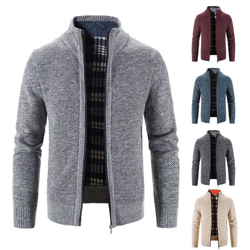 Clothes > Men's Clothing > Tops > Jackets & Coats Knitted cardigan European and American men's autumn and winter men's long-sleeved warm jacquard casual stand-up collar thickened foreign trade sweater