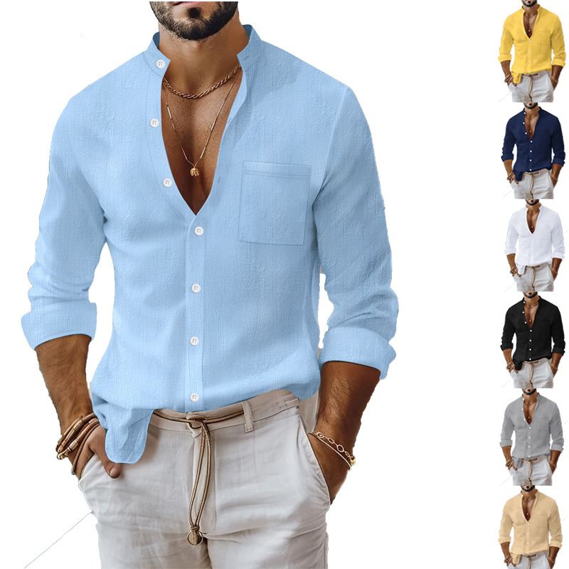Clothes > Men's Clothing > Tops > Shirts  Spring and Autumn Men's Solid Color Cotton and Linen Shirts Stand Collar Cardigan Long Sleeve Business Casual Shirt