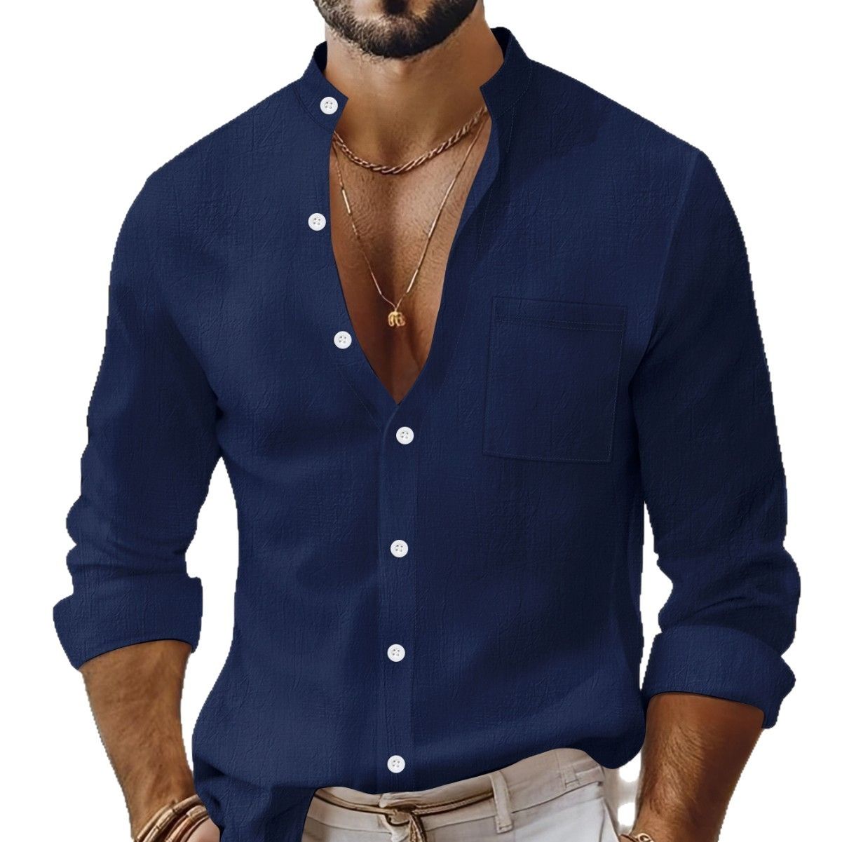 Clothes > Men's Clothing > Tops > Shirts  Spring and Autumn Men's Solid Color Cotton and Linen Shirts Stand Collar Cardigan Long Sleeve Business Casual Shirt